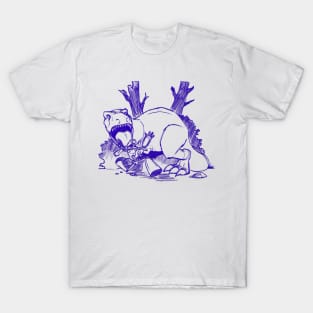 Dinosaur and Robots- Blue Line Art Version T-Shirt